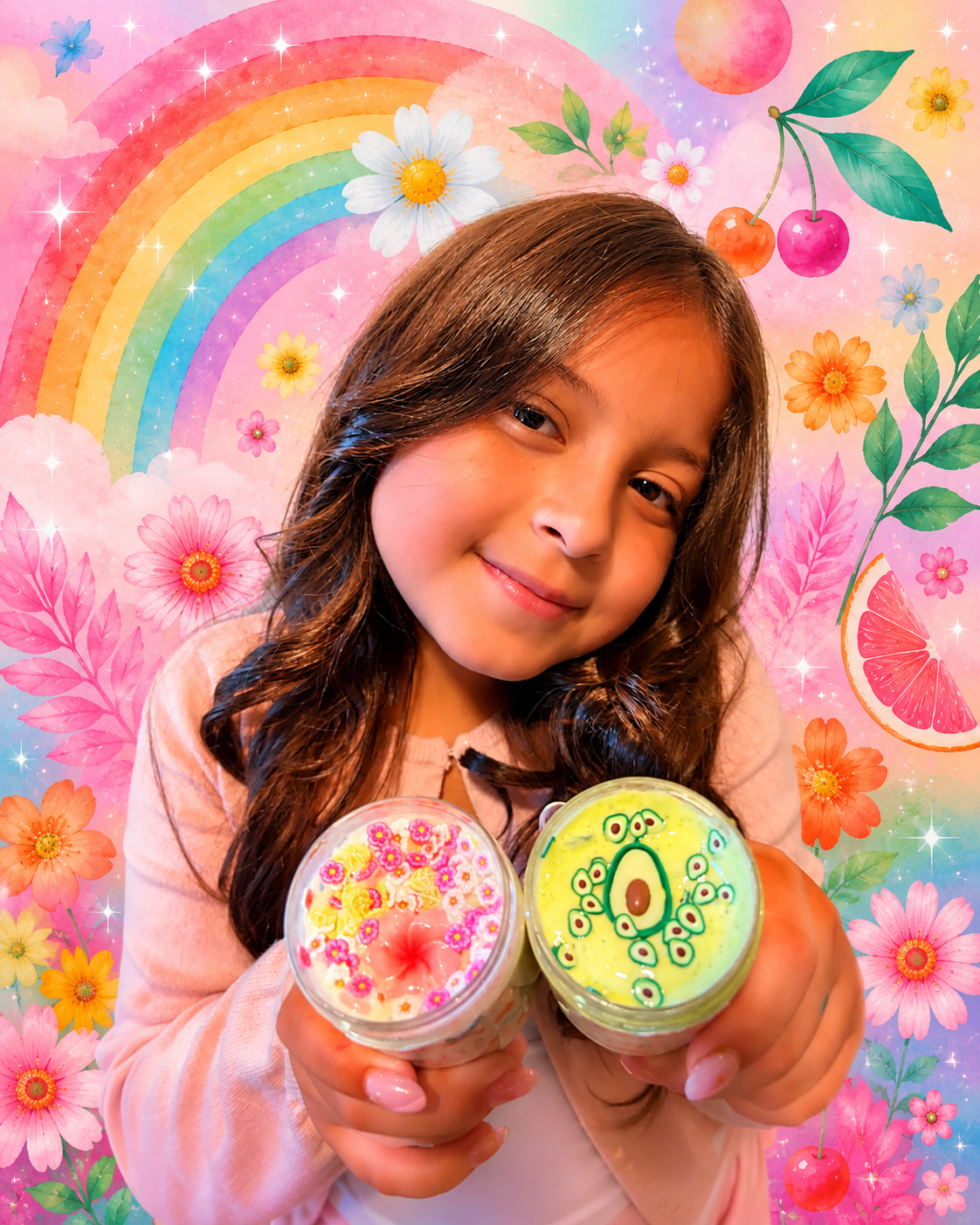 Kailey holding two finished slime containers